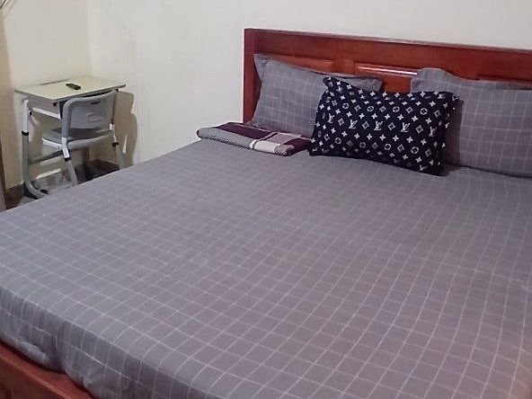 Wooden bed with grey bedding and patterned pillows.